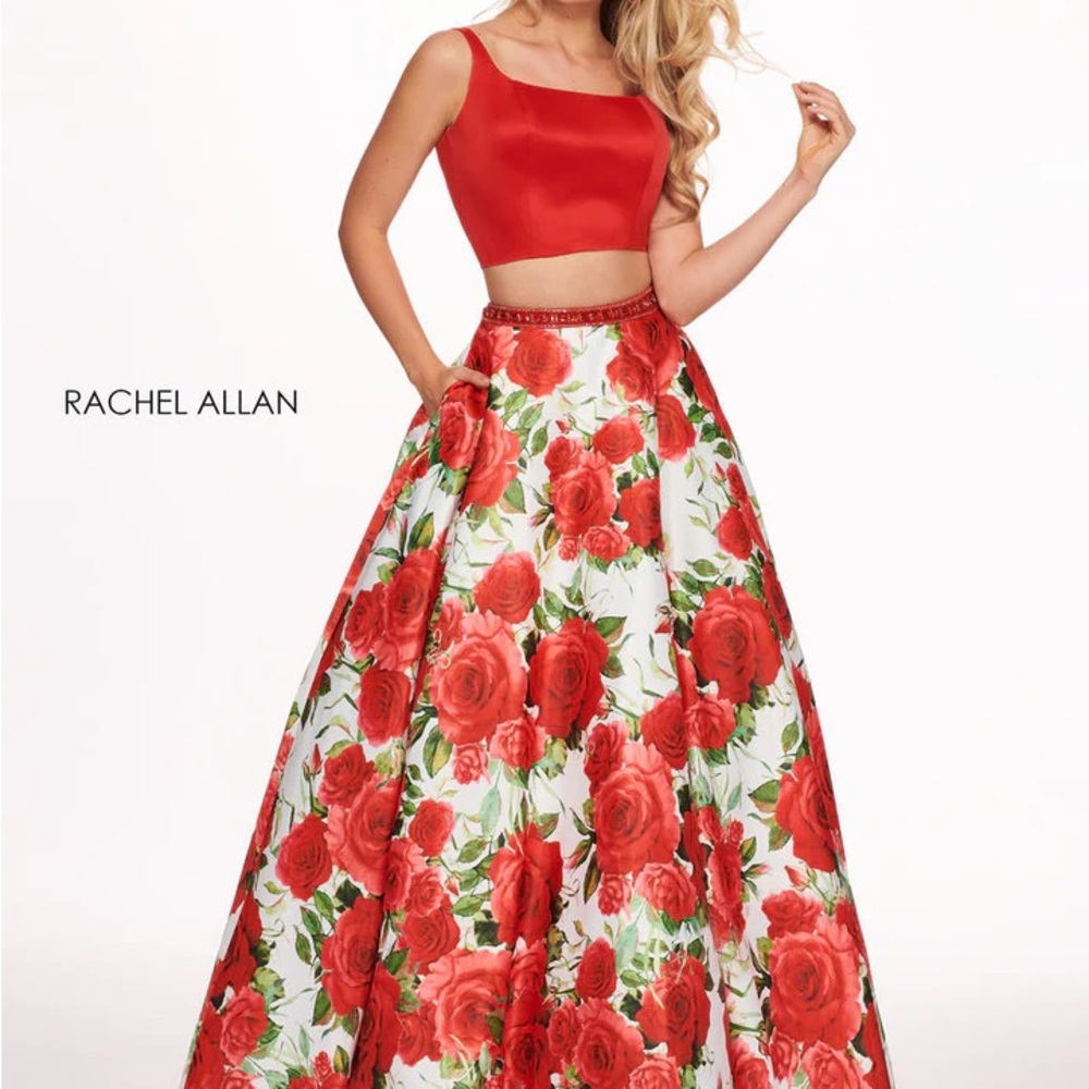 Rachel Allan Scarlet and Ivory Rose Gown